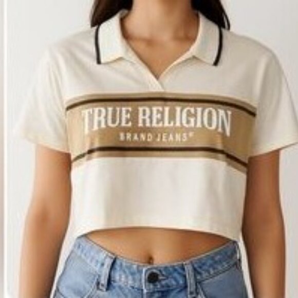 TRUE RELIGION Signature Panel Cropped Polo Tee Sz LARGE - Picture 2 of 5